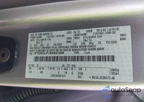 2025 Ford F-150 Xlt from USA, damaged, VIN 1FTEW3LP1SKE07458